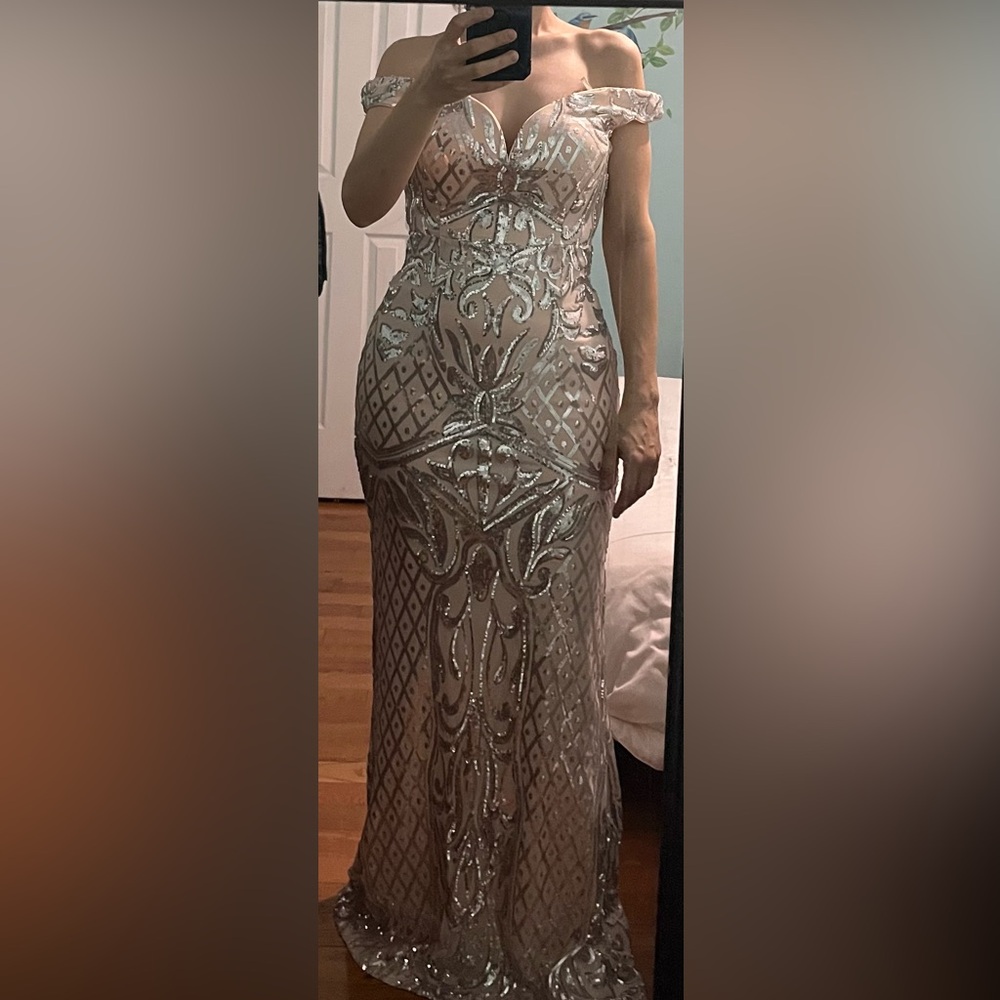 Windsor Cream and Silver Sequin Off the Shoulder Fitted Formal Party Gown dress